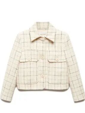 Mango Tweed Cream Plaid Cropped Jacket Cotton blend NWT Size Medium